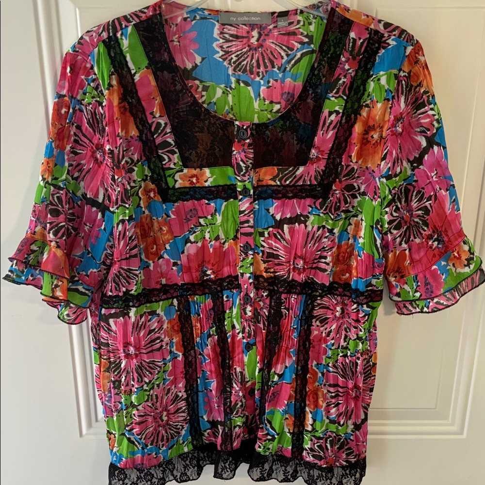 NY Collection Pink Multicolor Floral Blouse with Black Lace Trim